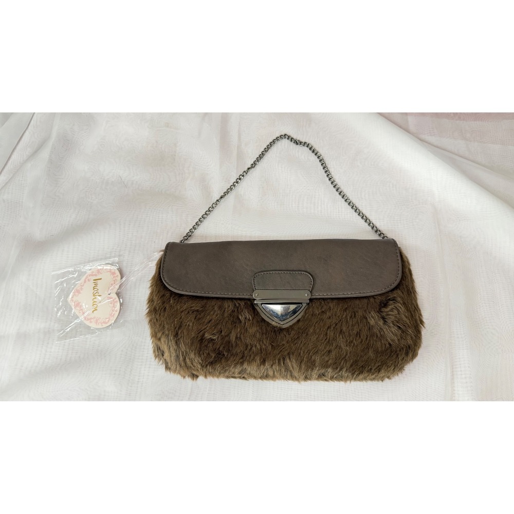 Imoshion Brown Faux Fur Clutch Shoulder Bag Chain Strap Faux Leather Flap NWT